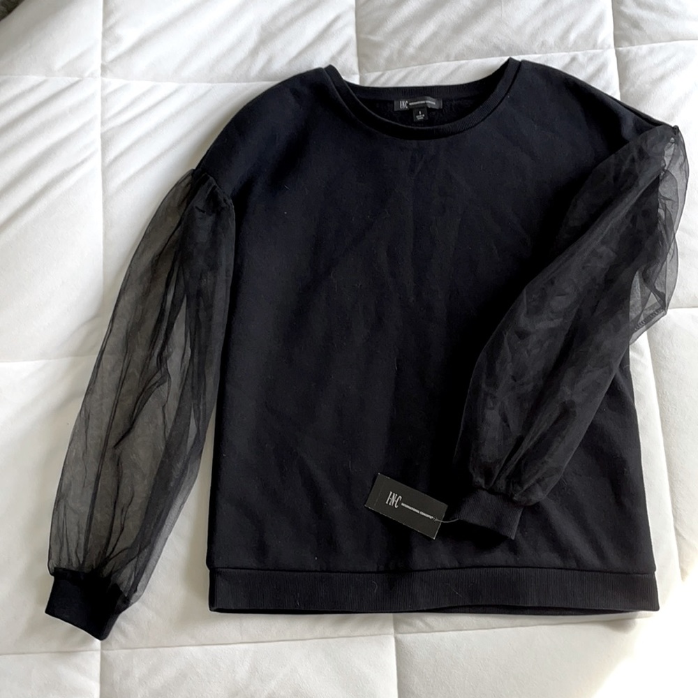 (NWT) Organza Sleeve Black Crewneck - INC